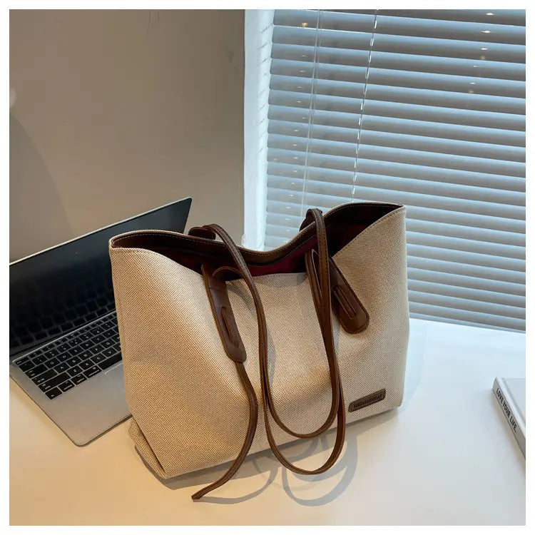 Canvas Shoulder Bag Large Oxford Tote Black Brown Double Strap for Travel Work