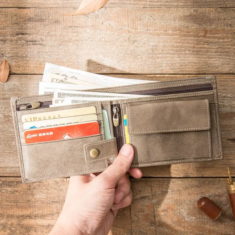 Gray Cow Leather Wallet for the United States CHF Currency with Open Horizontal Design