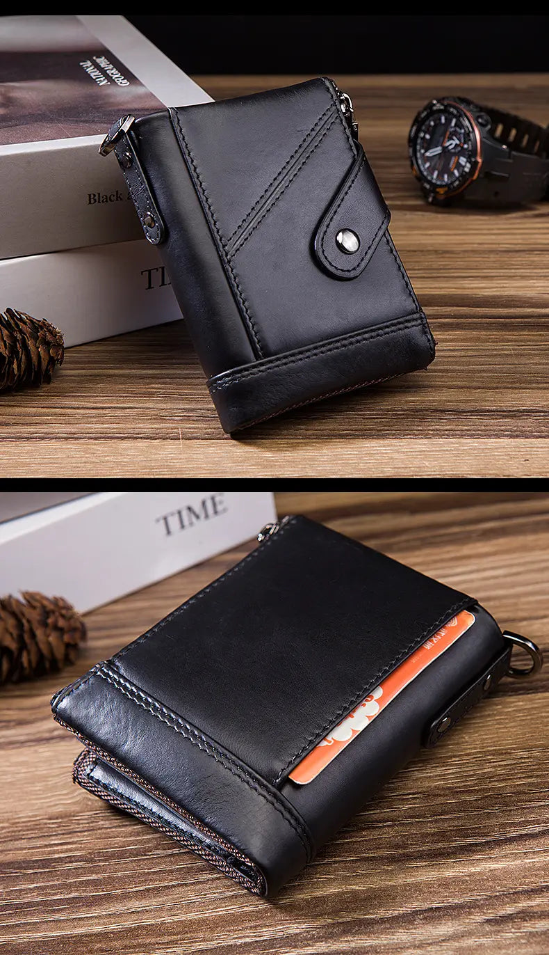 Leather Cortex Wallet with Double Zipper Buckle and Secure Internal Compartments