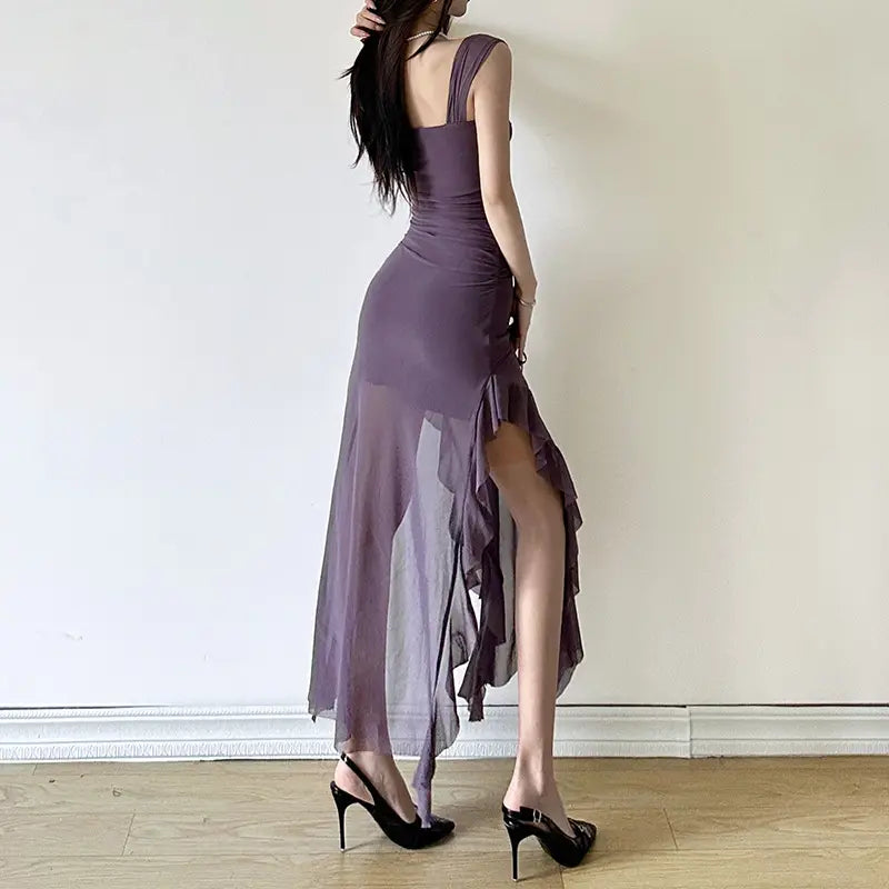 Yksivärinen jaettu hihaton hame mekko naisille polyesterikankaalla