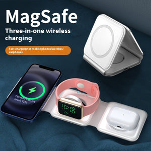 3 In 1 Magnetic Wireless Charging Folding Mobile Phone Holder - Charge Like a Pro with This Foldable White Product