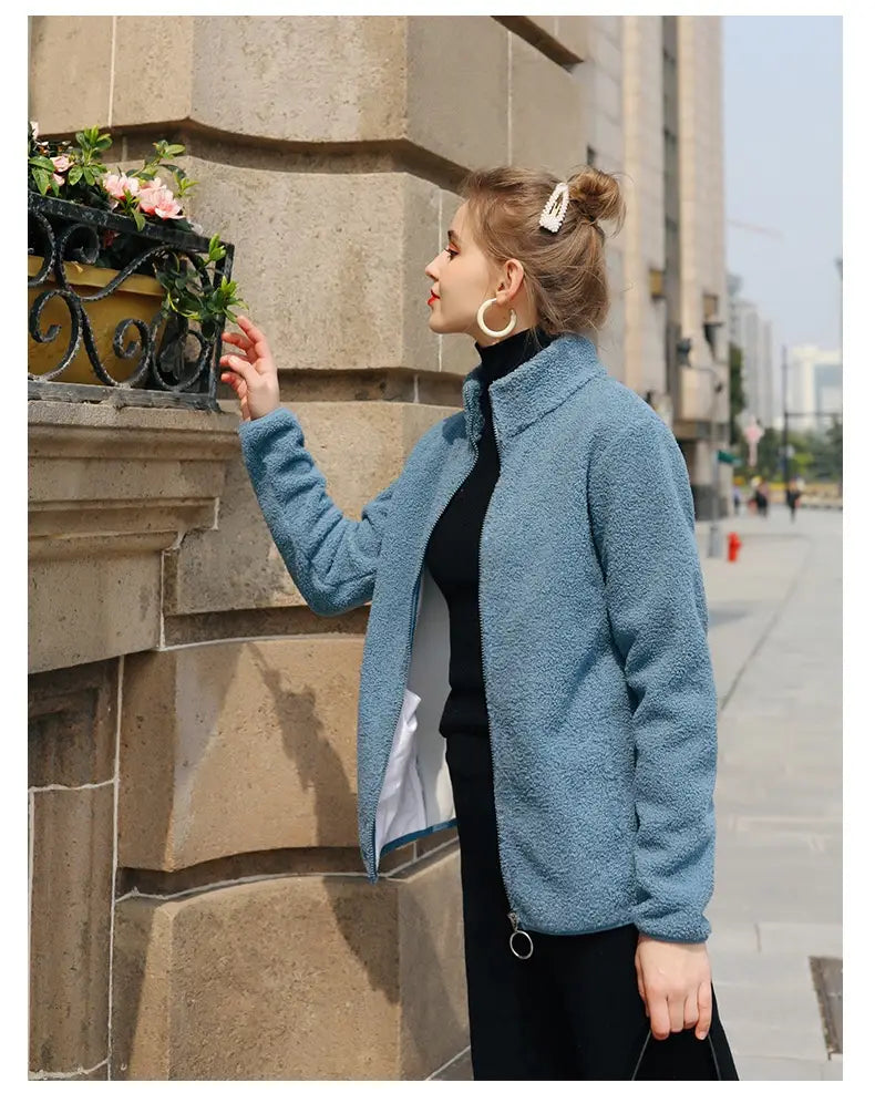Women’s Polar Fleece Jacket Long Sleeve Solid Color Cozy Polyester Pullover