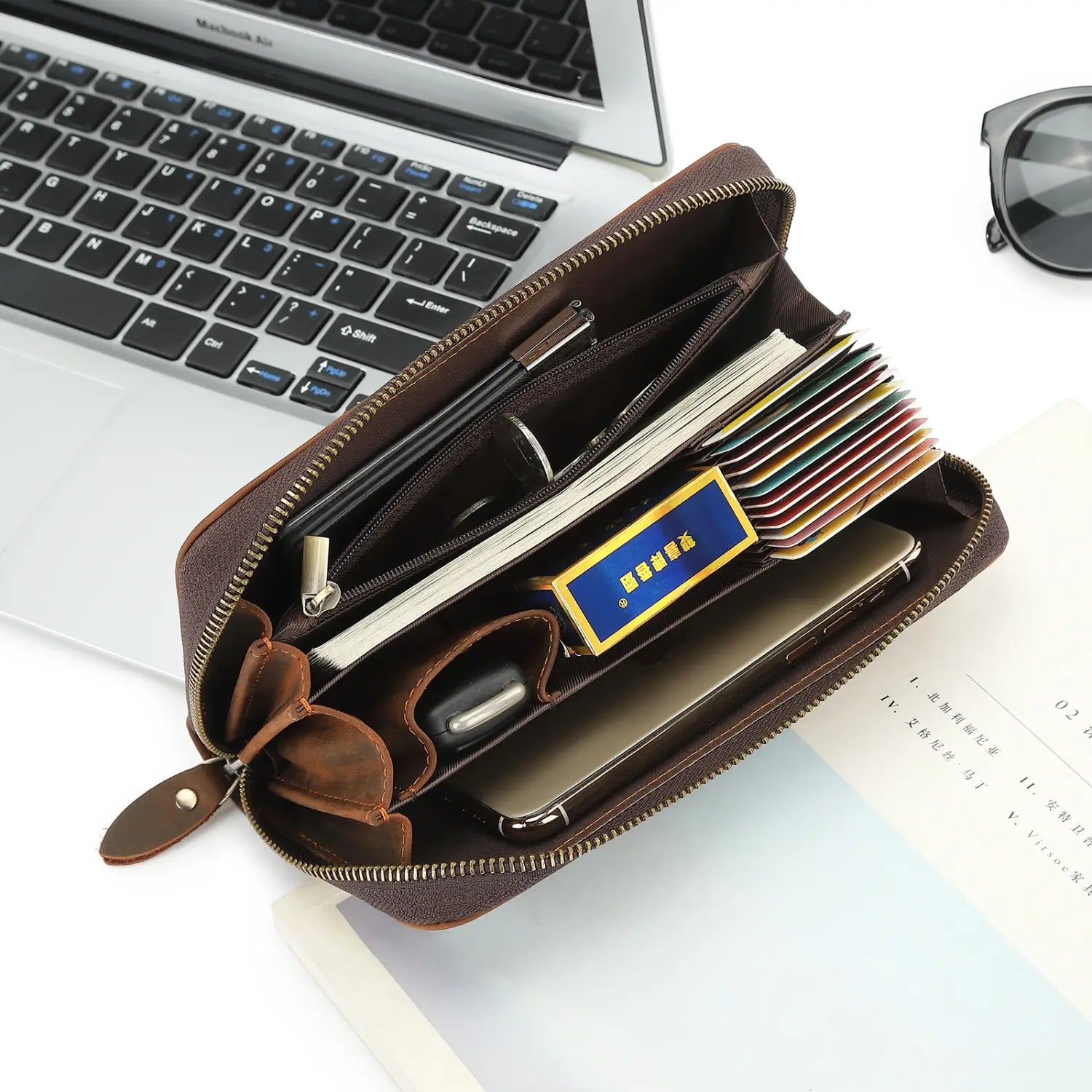 Leather Cowhide Grab Bag Wallet with Multiple Compartments