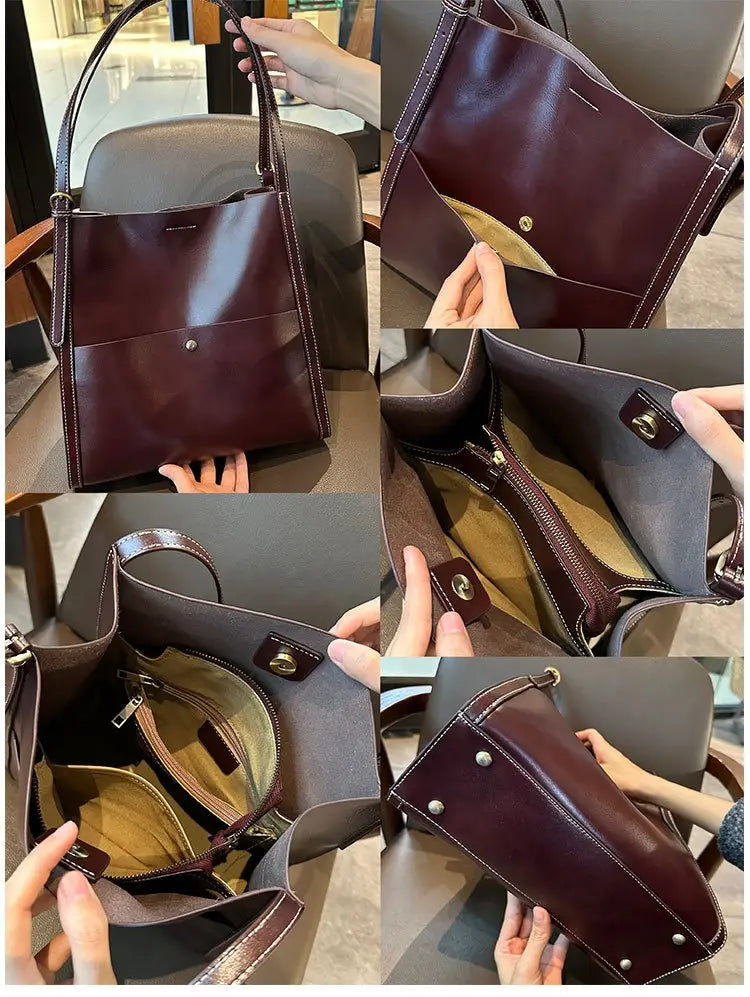 Genuine Leather Cowhide Tote Bag Square Handbag with Zipper Pocket for Women