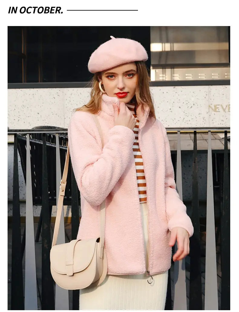 Women’s Polar Fleece Jacket Long Sleeve Solid Color Cozy Polyester Pullover