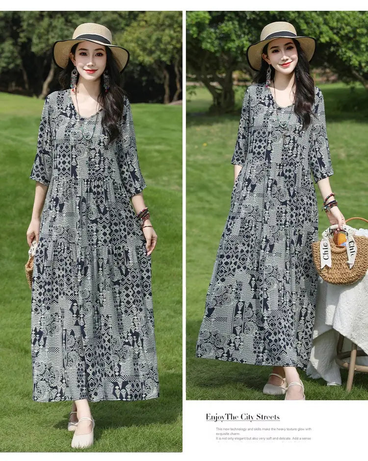 Plus-kokoinen Retro Art A-Line MIDI -hame Viscoosi Lyhythihainen mekko Naiset