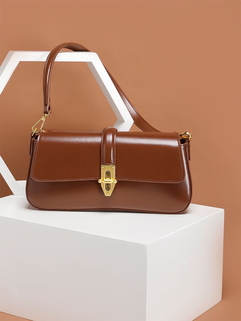 Genuine Leather Baguette Armpit Crossbody Bag with Advanced Texture Wild Design