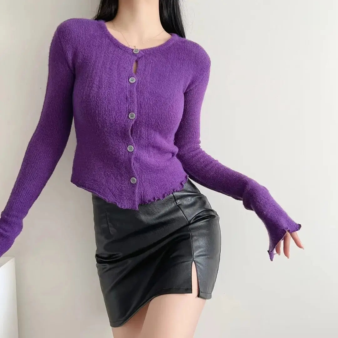 Sleeve Bell Plush Knit Cardigan Slim Slim Fit Hipster Stíl Sráid Cotton