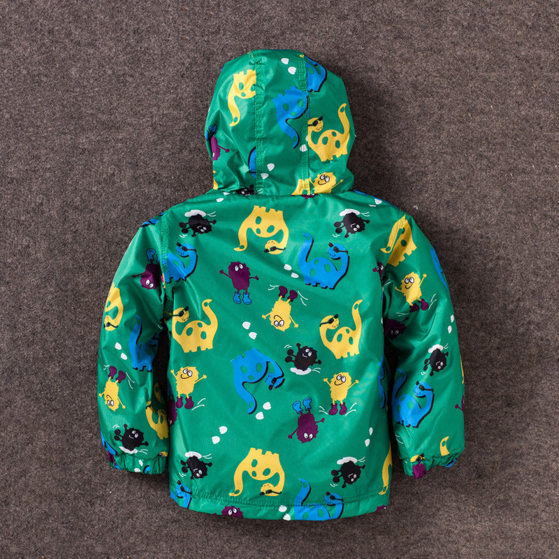 Boy’s Cute Dinosaur Windproof And Rainproof Jacket Children’s Hooded Jacket