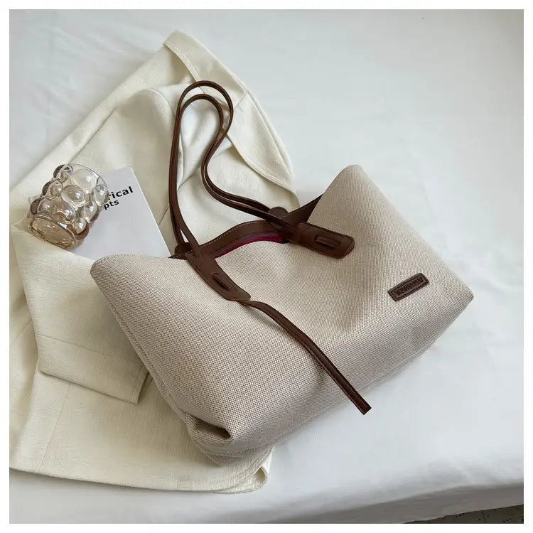 Canvas Shoulder Bag Large Oxford Tote Black Brown Double Strap for Travel Work