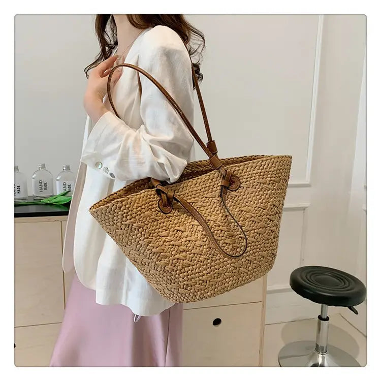 Woven Seaside Beach Bag with Open Pocket and Portable Straw Design