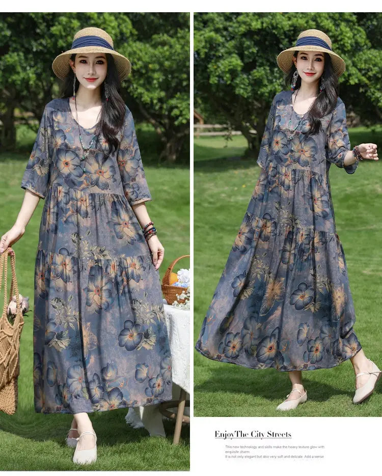 Plus-kokoinen Retro Art A-Line MIDI -hame Viscoosi Lyhythihainen mekko Naiset