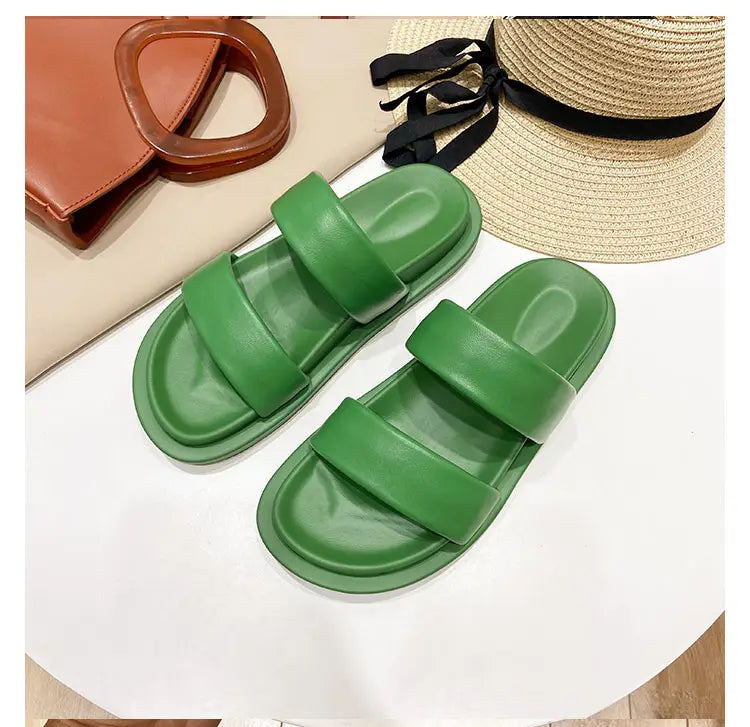 Black Sheepskin Flat Heel Slippers with Rubber Foam Sole