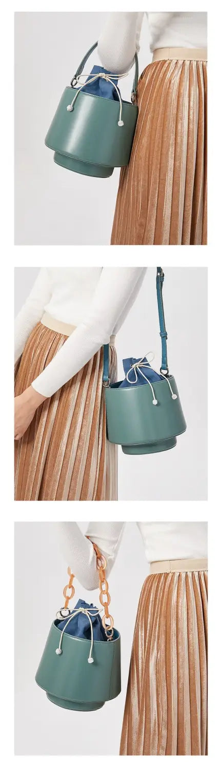 Original Drawstring Bucket Bag with Leather Two-Layer Design for Fashion Handheld