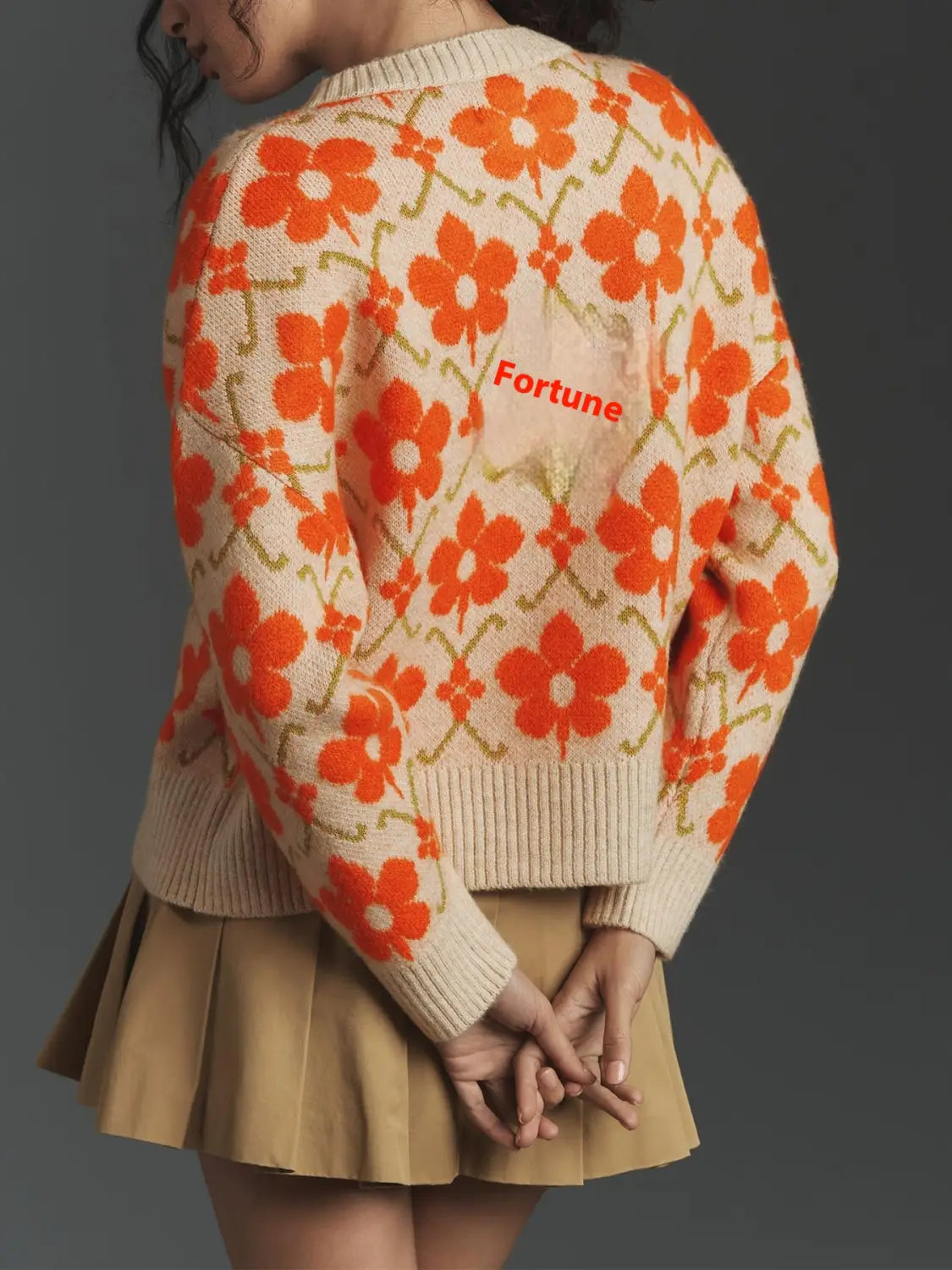 Floral Apricot Jacquard Cardigan Womens Viscose Knit Street Fashion Sweater