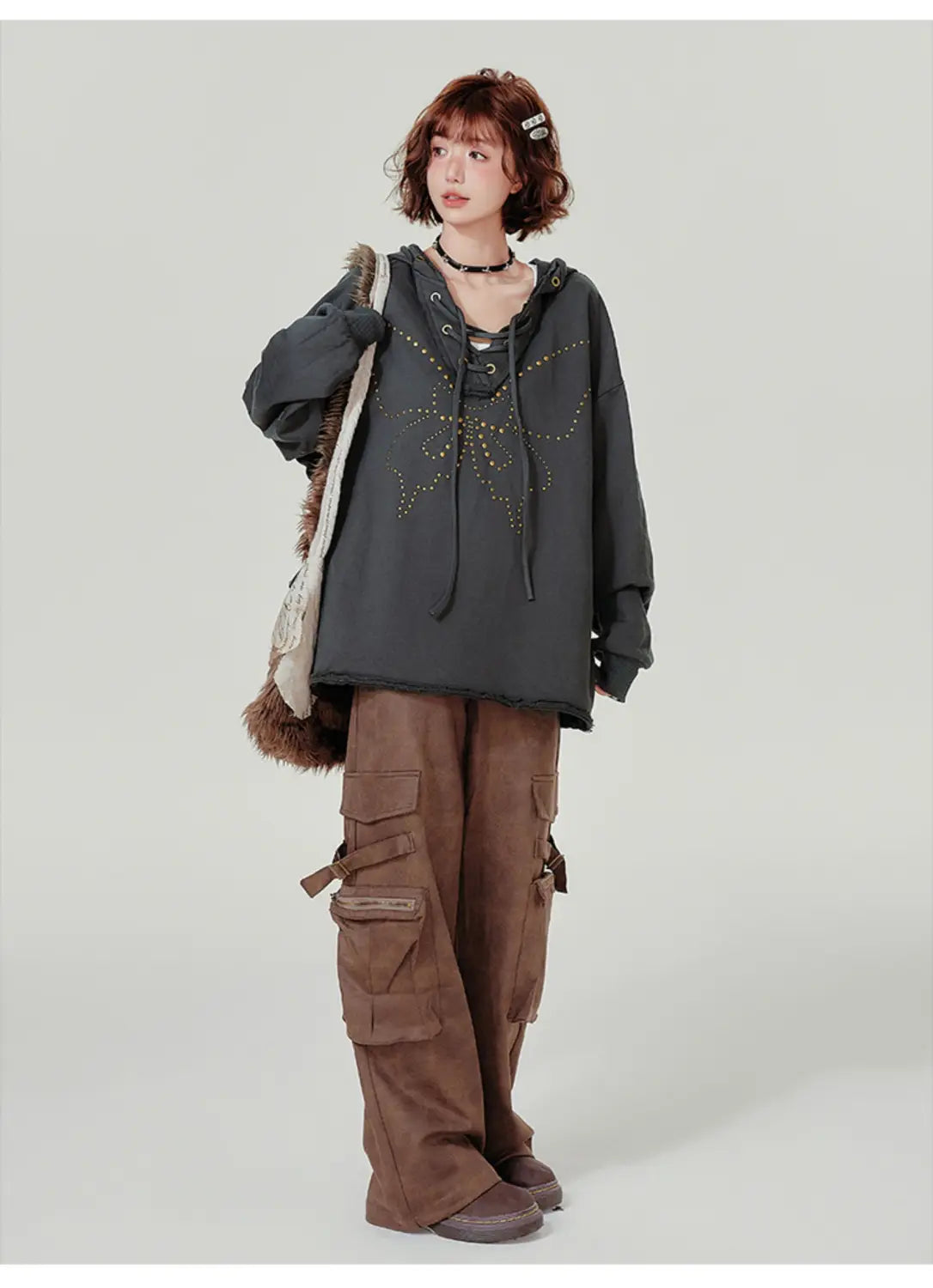 Felpa per maniche lunghe con cappuccio di cotone grigio scuro per donne e uomini