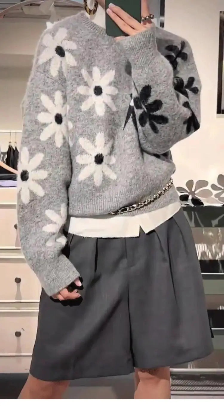 Harmaa kukka jacquard neulottu pullover pusero japanilainen korea rento löysä istuvuus