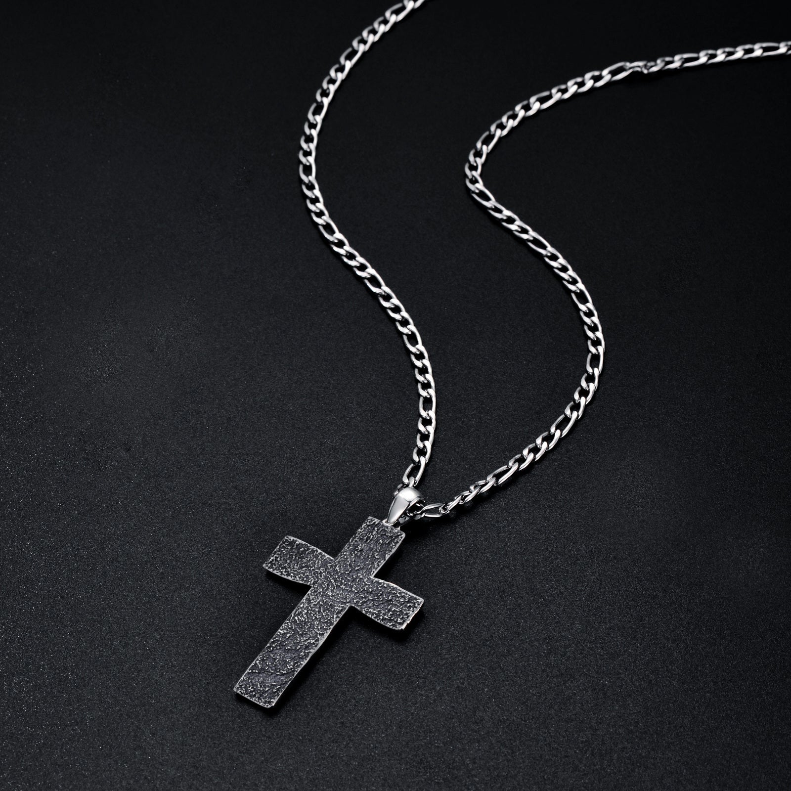 925 Sterling Silver Cross Pendant with Stainless Steel Figaro Chain Oxidized Cross Necklace Christian Jewelry - Faith