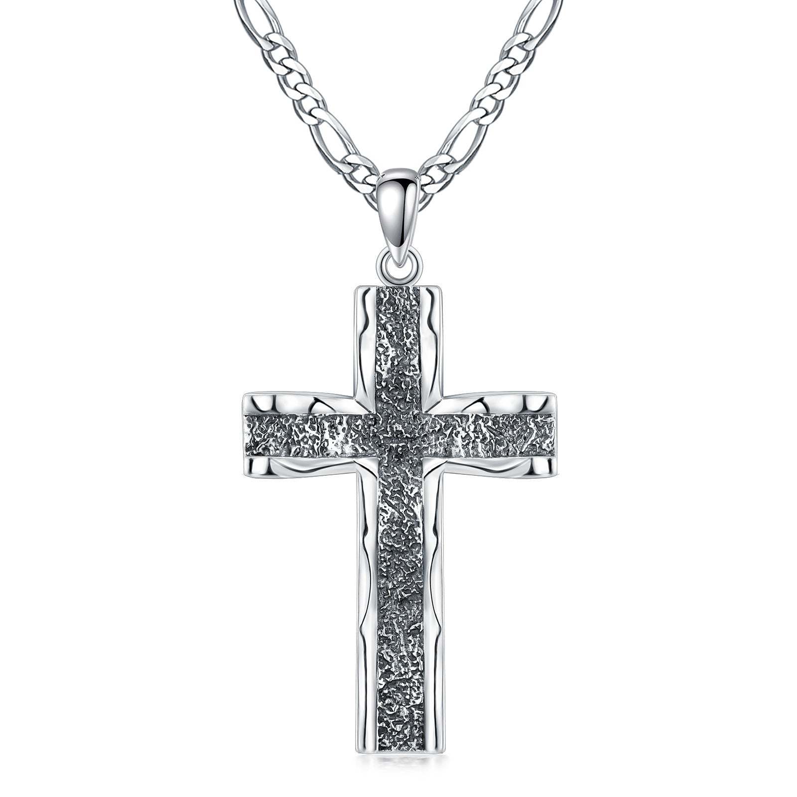 925 Sterling Silver Cross Pendant with Stainless Steel Figaro Chain Oxidized Cross Necklace Christian Jewelry - Faith