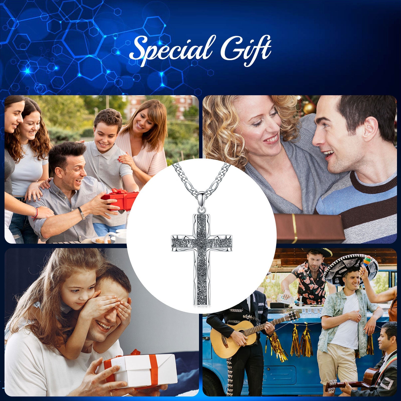 925 Sterling Silver Cross Pendant with Stainless Steel Figaro Chain Oxidized Cross Necklace Christian Jewelry - Faith