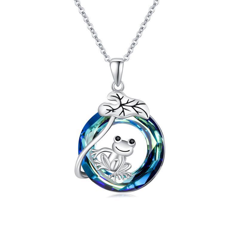 Blue Crystal Frog Necklace with Lotus Leaf Symbol for Love and Happiness in the United States - on Sparkles united