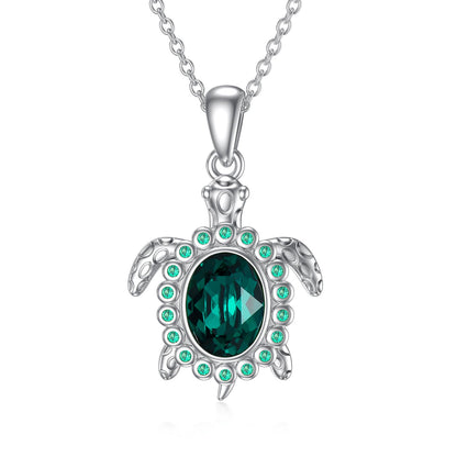 925 Sterling Silver Green Crystal Turtle Necklace for Women - Turtle Power Unleashed with Green Crystal Bling