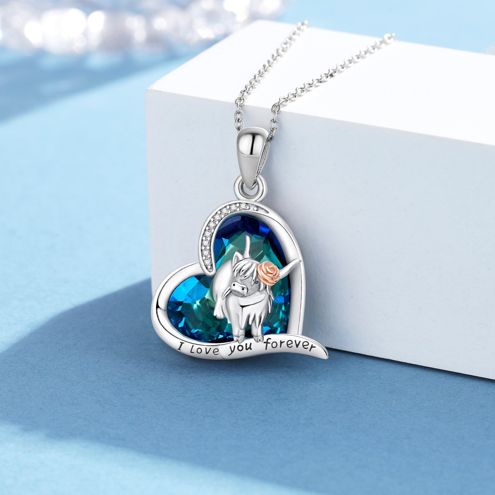 925 Sterling Silver Highland Cow Blue Crystal Heart Cow Pendant Necklace - Moo-tiful Cow Pendant with a Crystal Heart