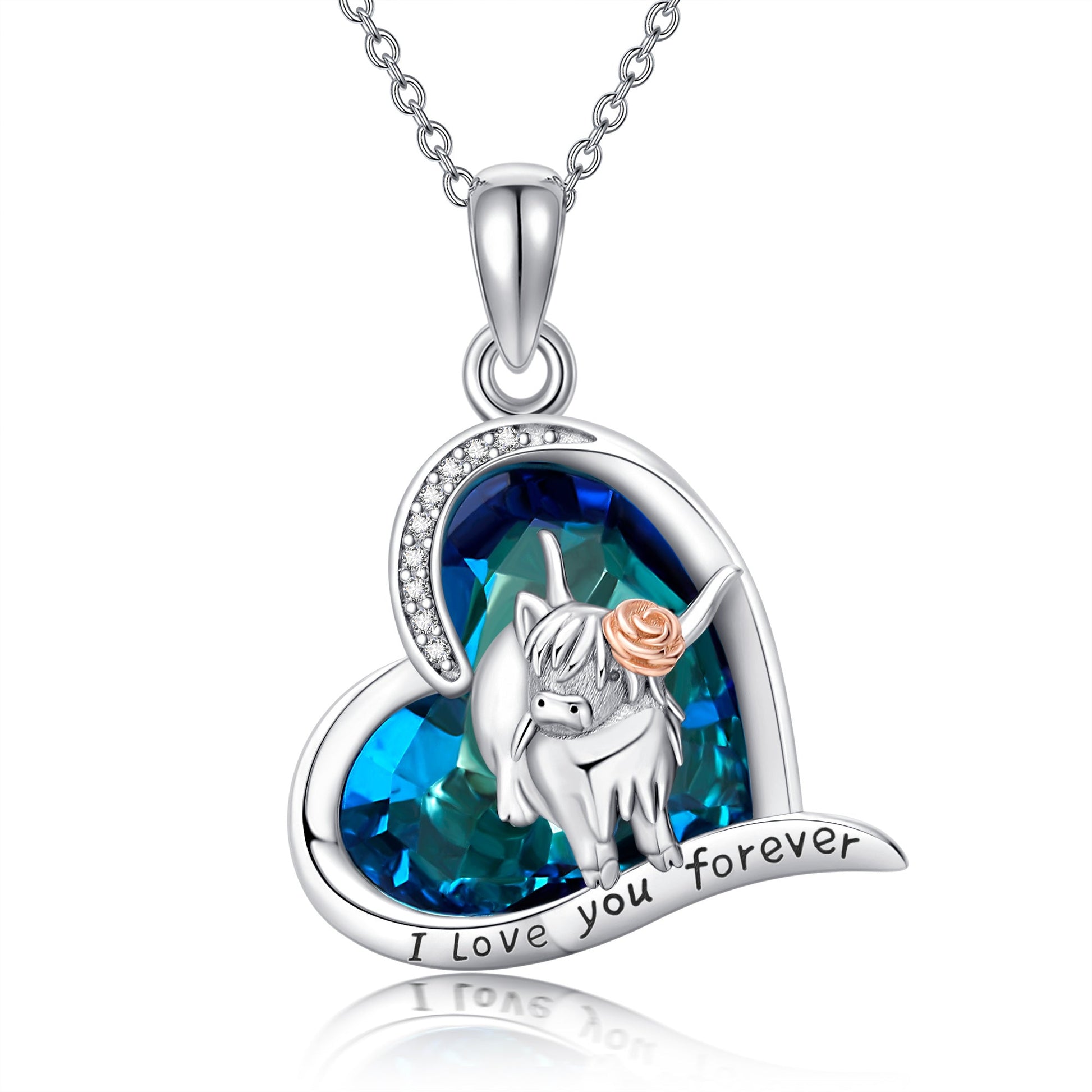 925 Sterling Silver Highland Cow Blue Crystal Heart Cow Pendant Necklace - Moo-tiful Cow Pendant with a Crystal Heart