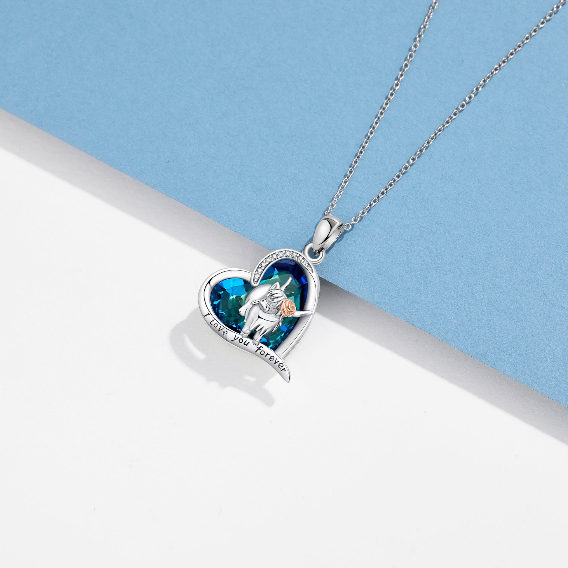 925 Sterling Silver Highland Cow Blue Crystal Heart Cow Pendant Necklace - Moo-tiful Cow Pendant with a Crystal Heart