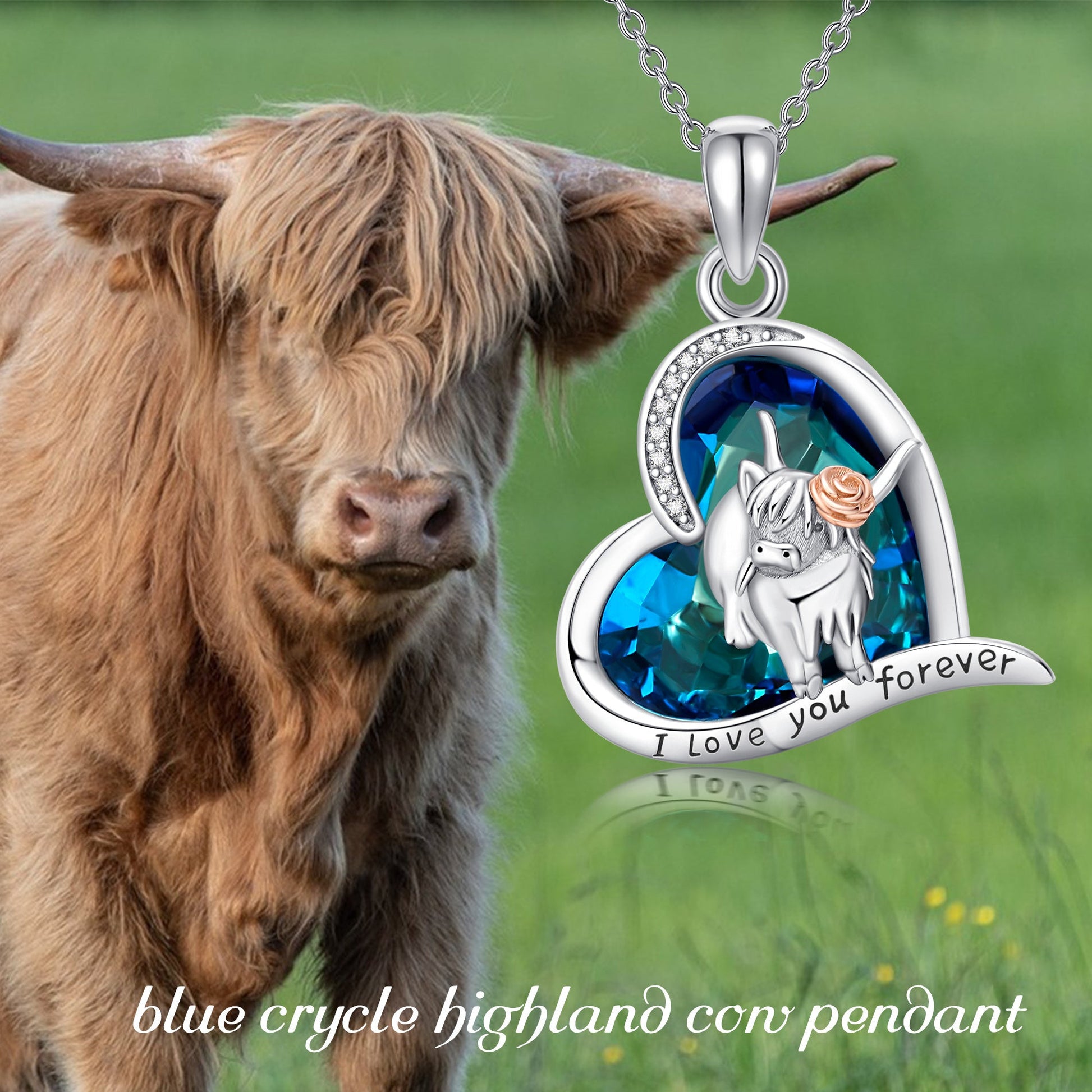 925 Sterling Silver Highland Cow Blue Crystal Heart Cow Pendant Necklace - Moo-tiful Cow Pendant with a Crystal Heart