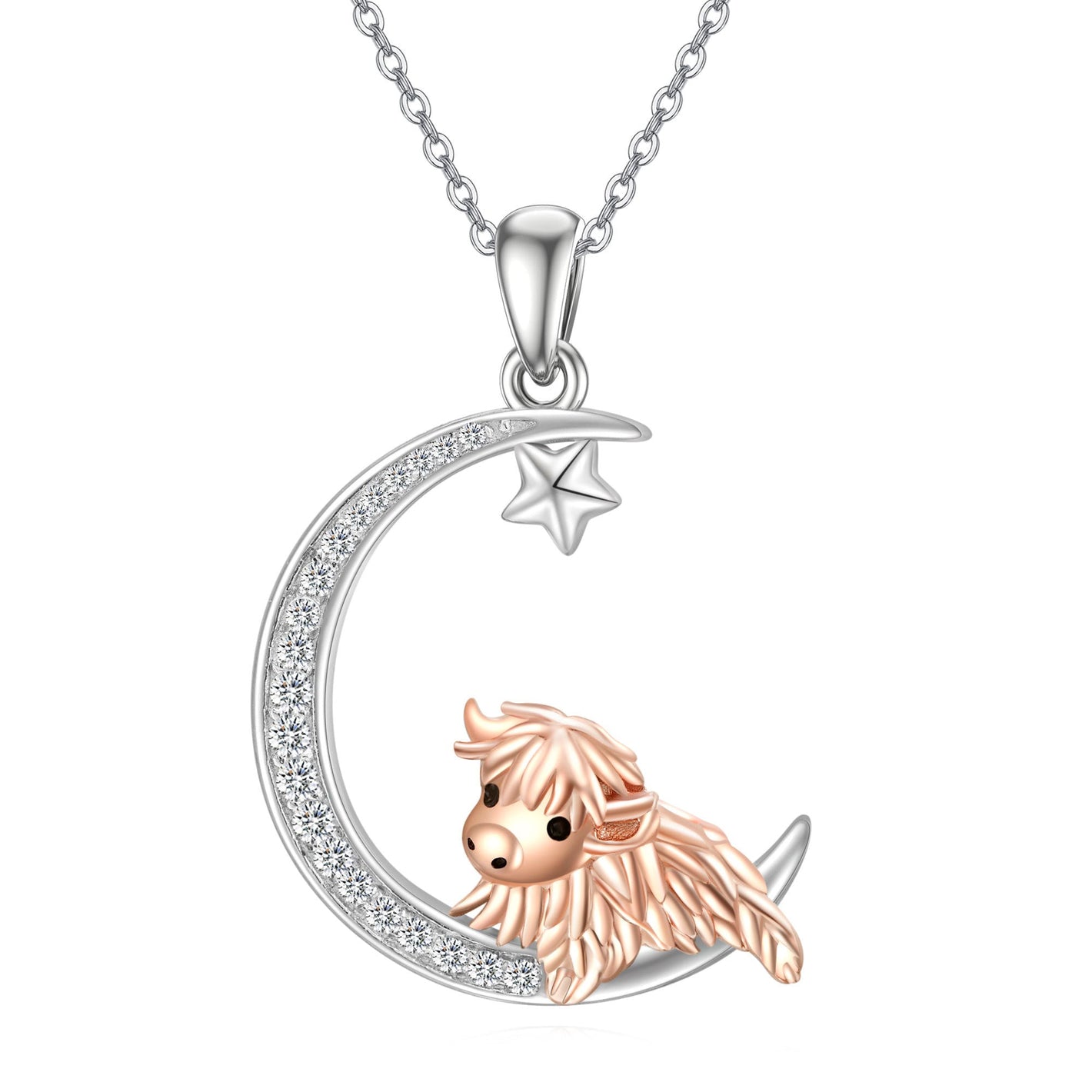 Highland Cow Moon Necklace with United States Flag Symbolism for Strength - on the Moon: Moo-velous Jewelry Gift united