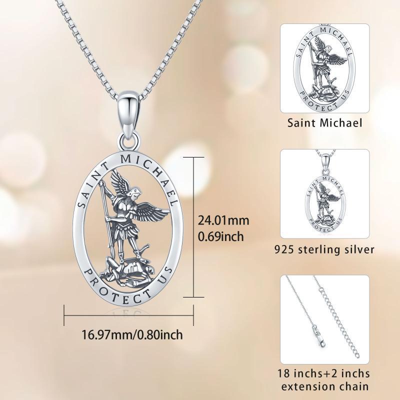 925 Sterling Silver Oval Saint Michael Medal Archangel Catholic Protect US Oxidation Pendant Necklace - Saint Michael