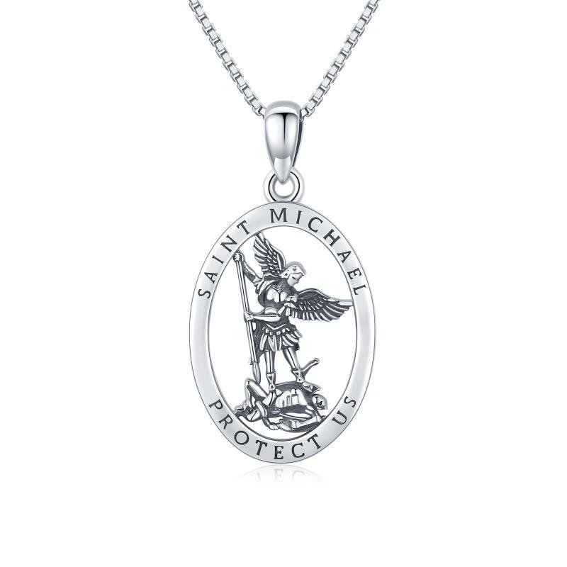 925 Sterling Silver Oval Saint Michael Medal Archangel Catholic Protect US Oxidation Pendant Necklace - Saint Michael