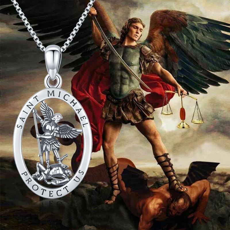 925 Sterling Silver Oval Saint Michael Medal Archangel Catholic Protect US Oxidation Pendant Necklace - Saint Michael