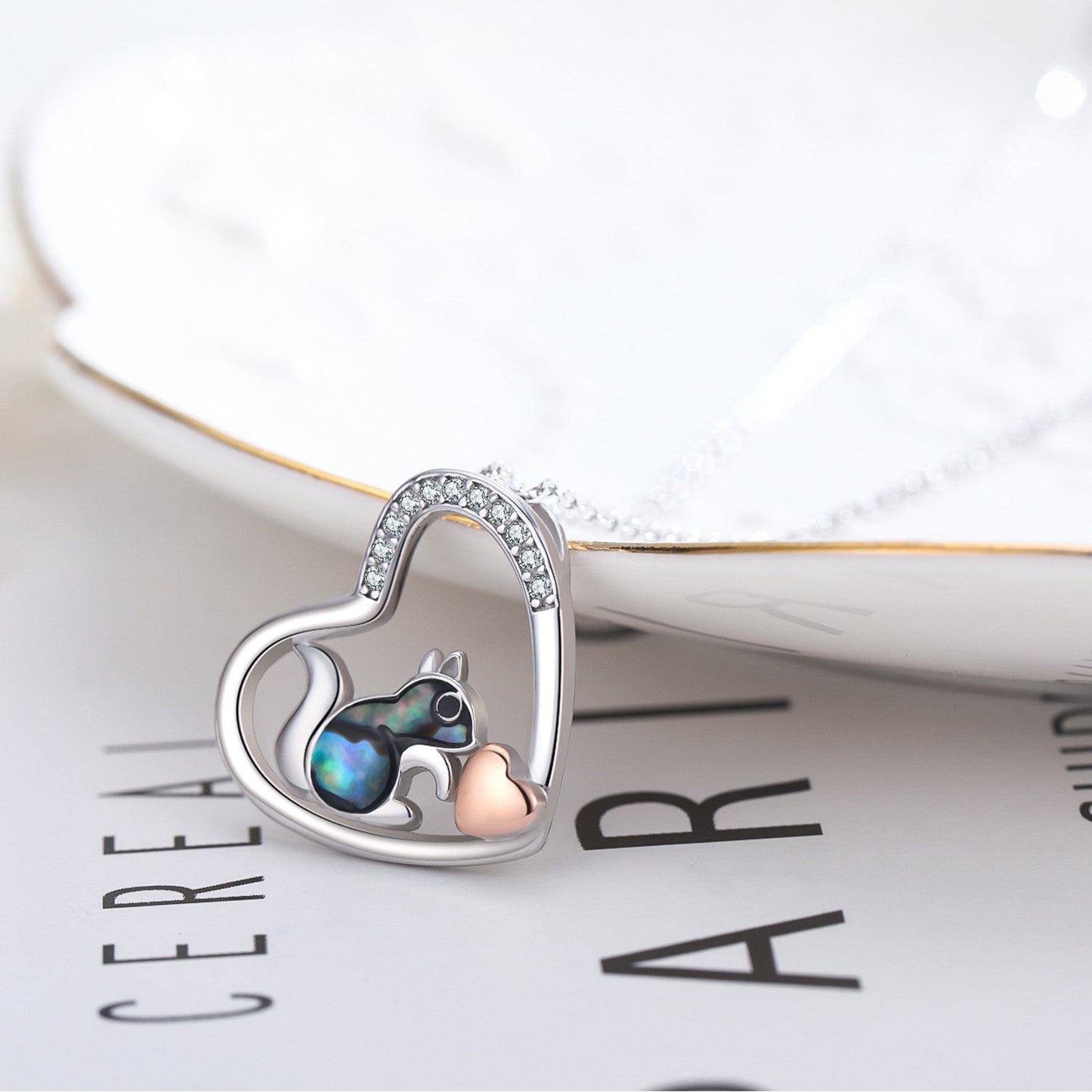 925 Sterling Silver Squirrel Abalone Shell Cubic Zirconia Cute Animal Heart Pendant Necklace - Squirrel Love Shines