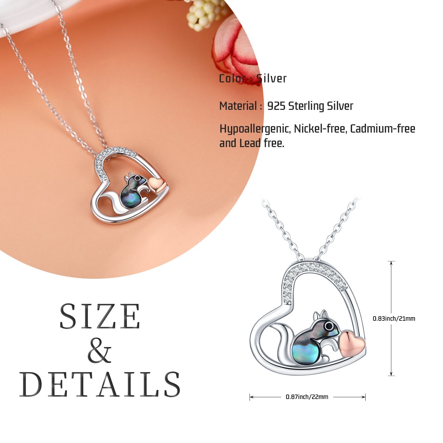 925 Sterling Silver Squirrel Abalone Shell Cubic Zirconia Cute Animal Heart Pendant Necklace - Squirrel Love Shines