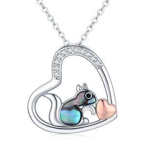 925 Sterling Silver Squirrel Abalone Shell Cubic Zirconia Cute Animal Heart Pendant Necklace - Squirrel Love Shines