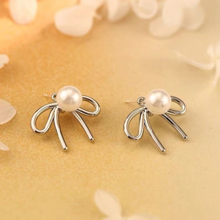 925 Sterling Silver Stud Earrings Light Luxury Shell Pearls Bow Special-interest Design - Bow-tiful Shell Pearl