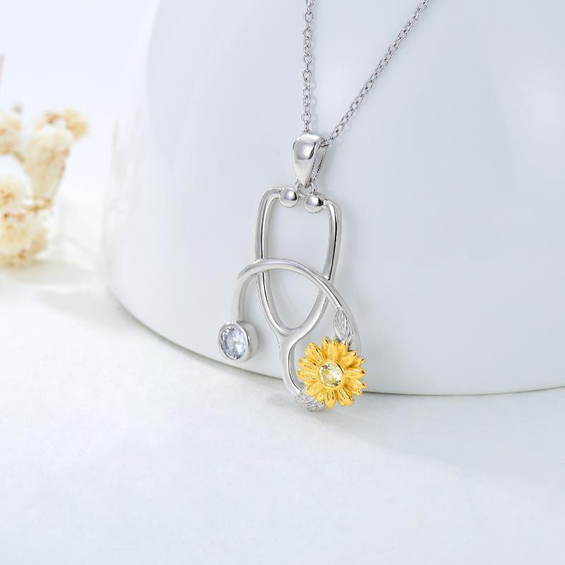 925 Sterling Silver Sunflower Stethoscope Medical Doctor Nurse Student Graduation Pendant Necklace - Sunflower