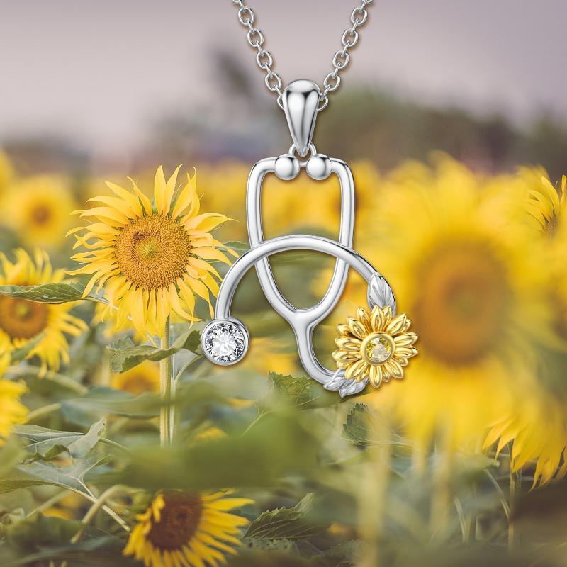 925 Sterling Silver Sunflower Stethoscope Medical Doctor Nurse Student Graduation Pendant Necklace - Sunflower