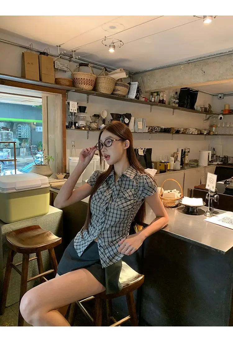 Plaid Cotton Short Sleeve Shirt for Women Men Loose Fit Spring Summer