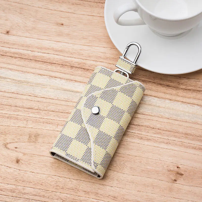 PU Leather Key Cover Gray Beige Grid Style for United States and CHF