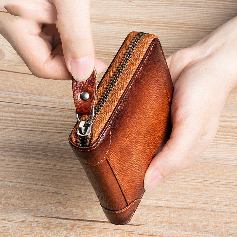 First Layer Cowhide Zipper Card Holder Driver’s License Wallet Wallet - First Layer Cowhide Wallet for Minimalist