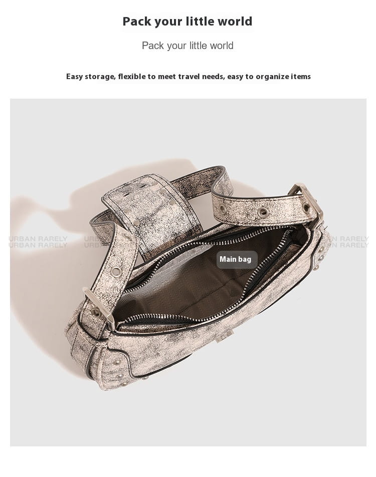 Oil Wax Leather Bag with Rivets Flap Shoulder and Sandwich Pocket