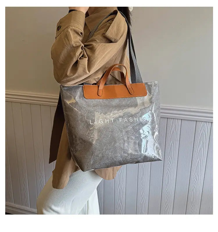 Kraft Paper Shoulder Bag Medium Square Tote in Neutral and Green Colors