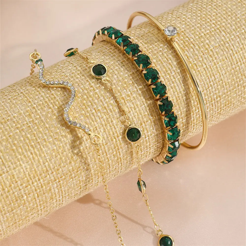 Fashion Green Grandmother Diamond Snake Style Alloy Bracelet Set