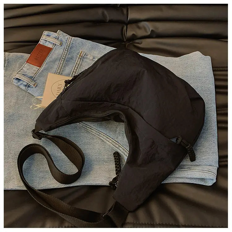 Nylon Messenger Bag Beige Black Travel Crossbody Shoulder Suitcase Purse