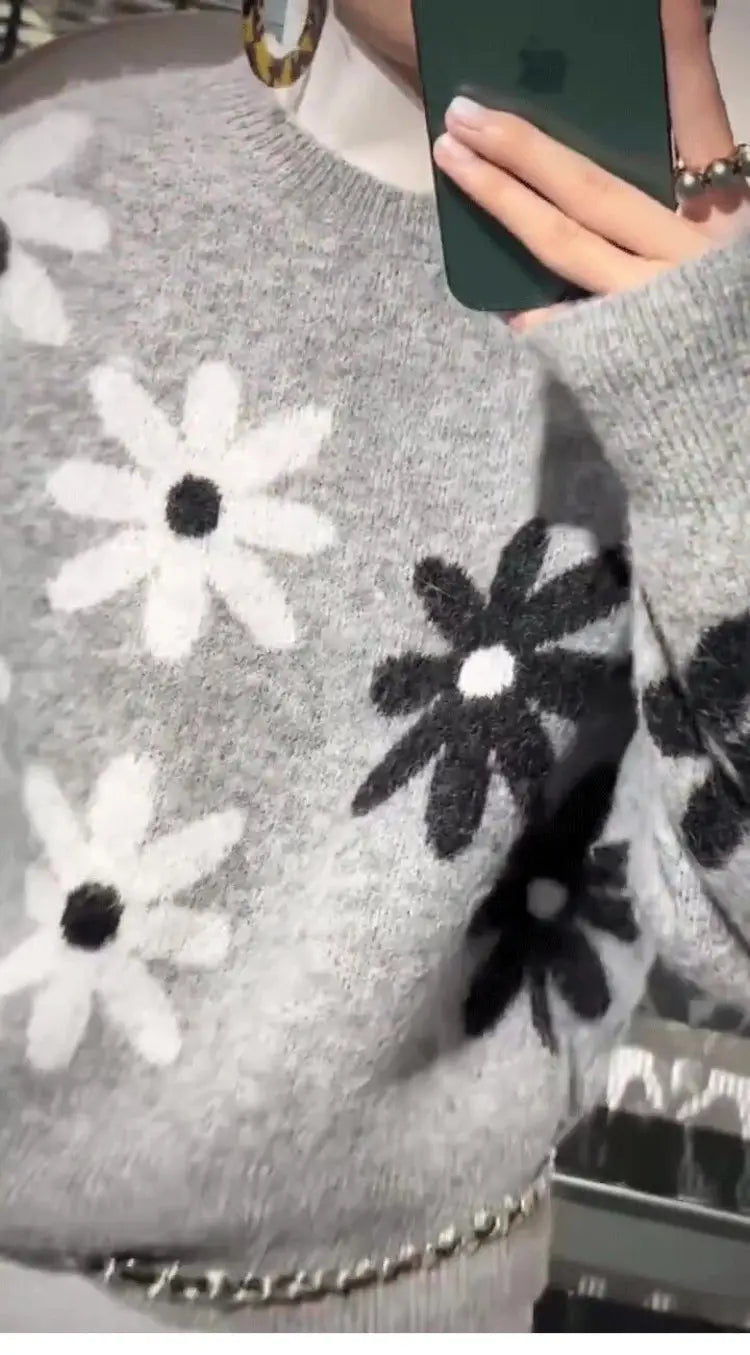 Harmaa kukka jacquard neulottu pullover pusero japanilainen korea rento löysä istuvuus