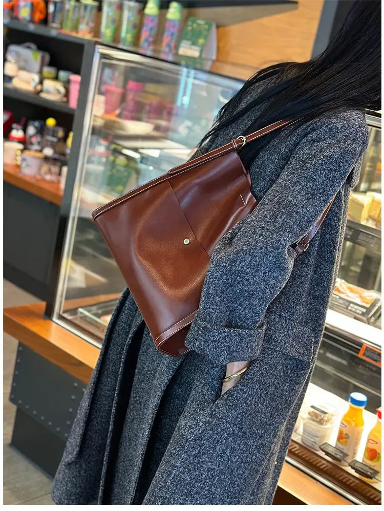 Genuine Leather Cowhide Tote Bag Square Handbag with Zipper Pocket for Women