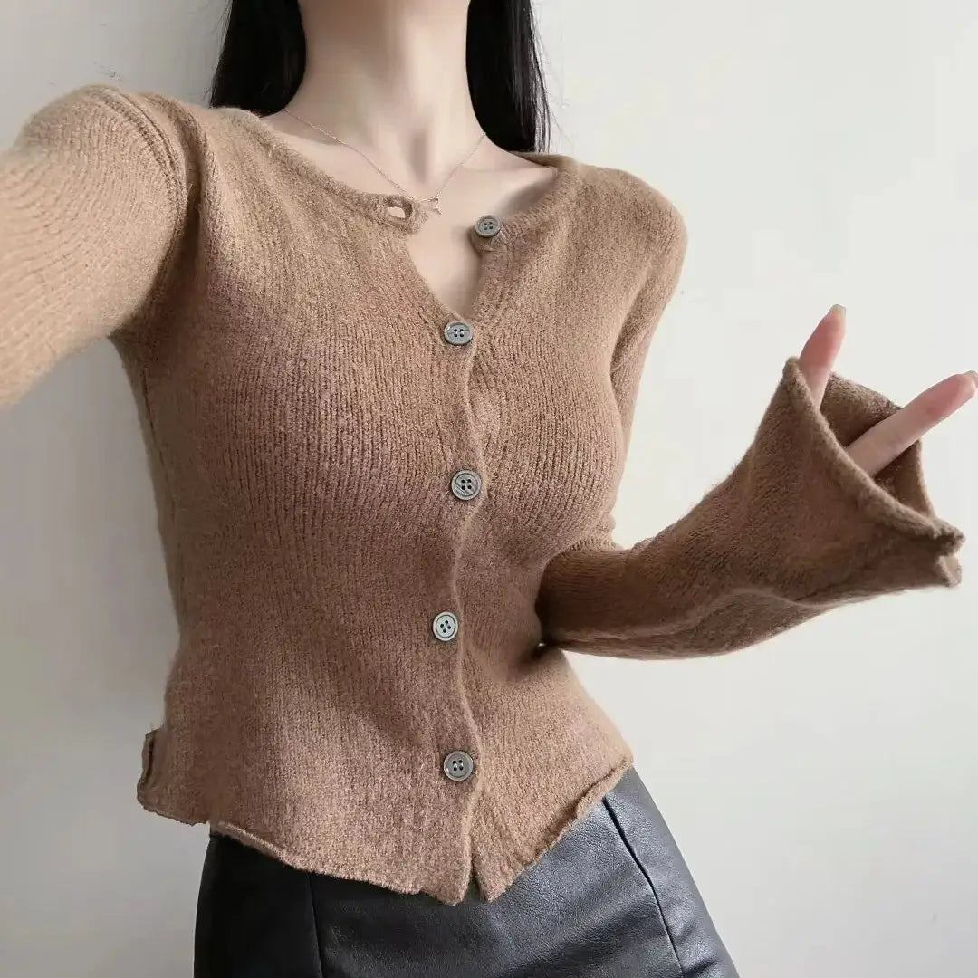 Sleeve Bell Plush Knit Cardigan Slim Slim Fit Hipster Stíl Sráid Cotton